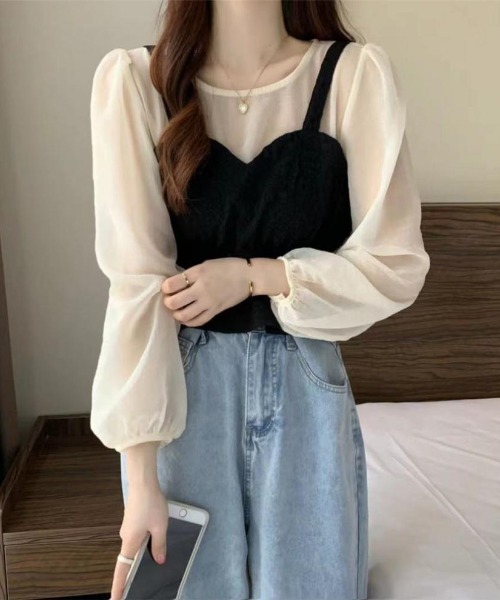 LAC-VERT（ラック・ヴェール）の「【半袖/長袖 選べる袖丈】ビスチェレイヤード風ペプラムトップス（シャツ/ブラウス・レディース・ブラック/ホワイト/その他1/その他2・FREE）」の3枚目の写真