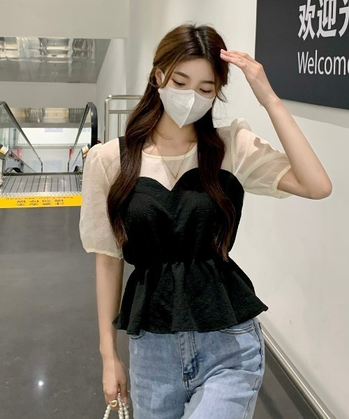 LAC-VERT（ラック・ヴェール）の「【半袖/長袖 選べる袖丈】ビスチェレイヤード風ペプラムトップス（シャツ/ブラウス・レディース・ブラック/ホワイト/その他1/その他2・FREE）」の12枚目の写真