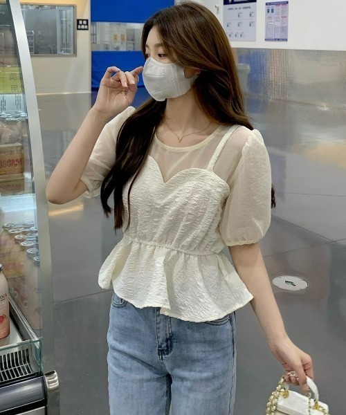 LAC-VERT（ラック・ヴェール）の「【半袖/長袖 選べる袖丈】ビスチェレイヤード風ペプラムトップス（シャツ/ブラウス・レディース・ブラック/ホワイト/その他1/その他2・FREE）」の15枚目の写真