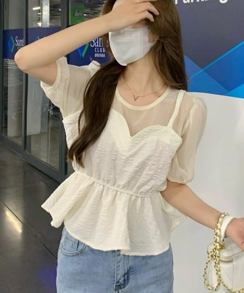 LAC-VERT（ラック・ヴェール）の「【半袖/長袖 選べる袖丈】ビスチェレイヤード風ペプラムトップス（シャツ/ブラウス・レディース・ブラック/ホワイト/その他1/その他2・FREE）」の19枚目の写真