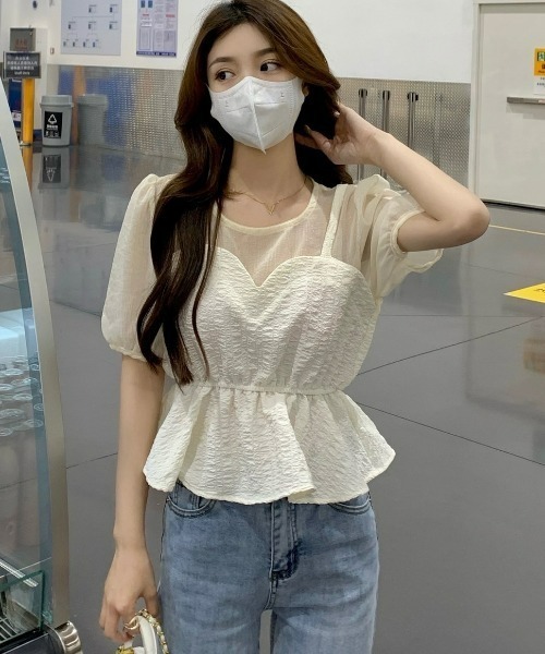 LAC-VERT（ラック・ヴェール）の「【半袖/長袖 選べる袖丈】ビスチェレイヤード風ペプラムトップス（シャツ/ブラウス・レディース・ブラック/ホワイト/その他1/その他2・FREE）」の21枚目の写真