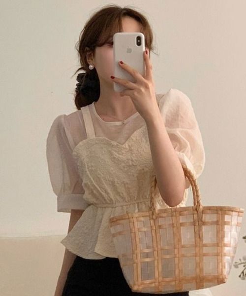 LAC-VERT（ラック・ヴェール）の「【半袖/長袖 選べる袖丈】ビスチェレイヤード風ペプラムトップス（シャツ/ブラウス・レディース・ブラック/ホワイト/その他1/その他2・FREE）」の5枚目の写真