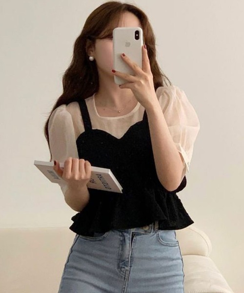 LAC-VERT（ラック・ヴェール）の「【半袖/長袖 選べる袖丈】ビスチェレイヤード風ペプラムトップス（シャツ/ブラウス・レディース・ブラック/ホワイト/その他1/その他2・FREE）」の6枚目の写真