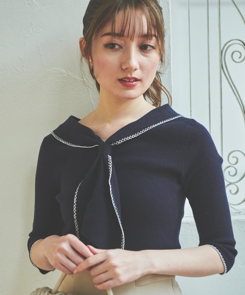 NOELA(ノエラ)の「配色ステッチニット(ニット/セーター・レディース・オフホワイト/ラベンダー/ネイビー・フリー)」の3枚目の写真