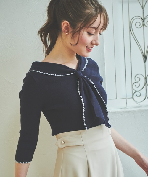 NOELA(ノエラ)の「配色ステッチニット(ニット/セーター・レディース・オフホワイト/ラベンダー/ネイビー・フリー)」の13枚目の写真