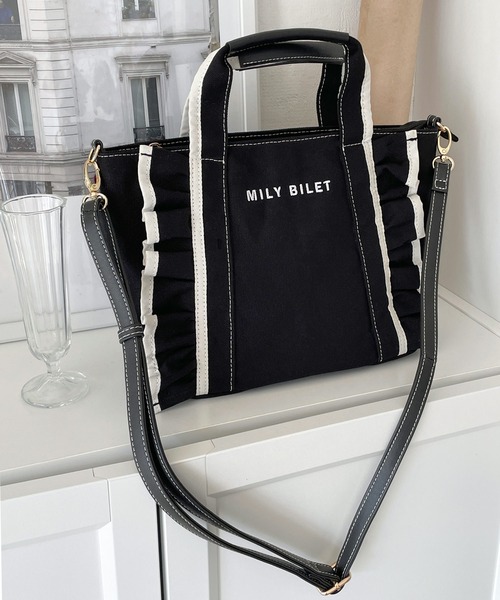 mily bilet(ミウィビレット)の「【mily bilet】愛らしさをプラス。フリルトートバッグ(トートバッグ・レディース・ブラック/アイボリー・ONE SIZE)」の11枚目の写真