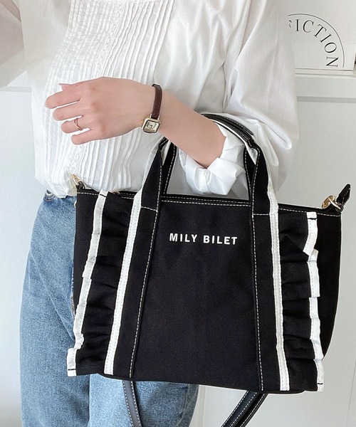 mily bilet(ミウィビレット)の「【mily bilet】愛らしさをプラス。フリルトートバッグ(トートバッグ・レディース・ブラック/アイボリー・ONE SIZE)」の7枚目の写真