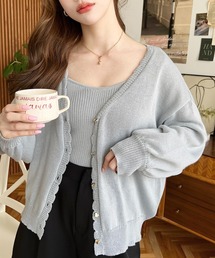 moment+（モーメントプラス）の「ハート釦スカラップボリュームスリーブカーディガン＆ショルダーリボンキャミソール アンサンブル（カーディガン/ボレロ）」