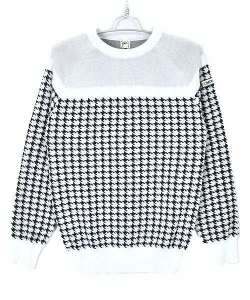 セール】ニット素材 千鳥格子 柄 切替 クルーネック ゴルフウェア