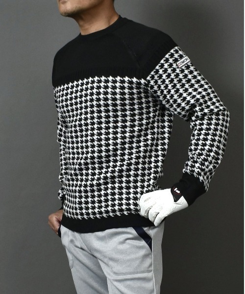 セール】ニット素材 千鳥格子 柄 切替 クルーネック ゴルフ