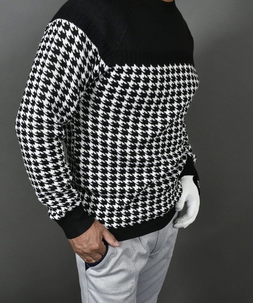 セール】ニット素材 千鳥格子 柄 切替 クルーネック ゴルフウェア