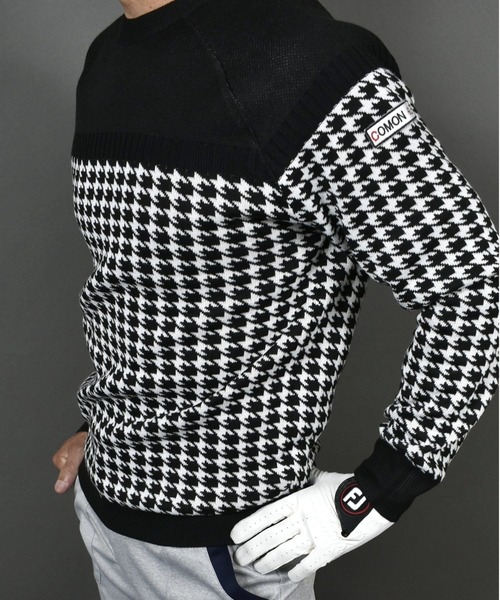 セール】ニット素材 千鳥格子 柄 切替 クルーネック ゴルフウェア