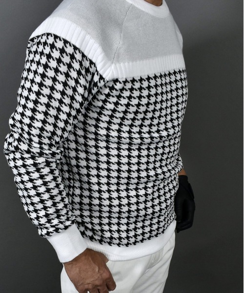 セール】ニット素材 千鳥格子 柄 切替 クルーネック ゴルフ