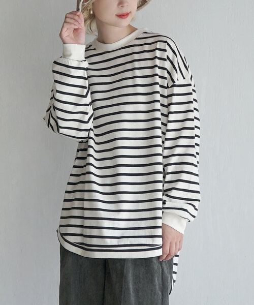 e-zakkamania stores（イーザッカマニアストアーズ）の「天笠カットソー バックヘンリープルオーバー（Tシャツ/カットソー・レディース・グレイッシュブルー/アイボリー/ブラック×ホワイト/ブラック/ホワイト×ネイビー/ライトグリーン/チャコール/ネイビー×ホワイト/オフホワイト/ホワイト×ブラック/カーキ/ホワイト系その他/イエロー/アッシュグレー・M）」の4枚目の写真