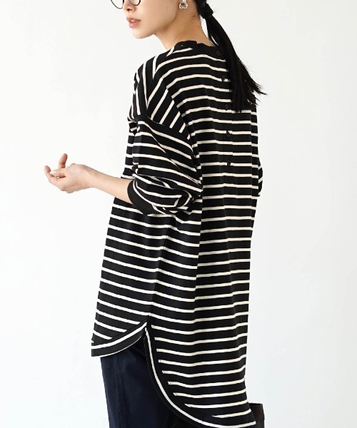 e-zakkamania stores（イーザッカマニアストアーズ）の「天笠カットソー バックヘンリープルオーバー（Tシャツ/カットソー・レディース・グレイッシュブルー/アイボリー/ブラック×ホワイト/ブラック/ホワイト×ネイビー/ライトグリーン/チャコール/ネイビー×ホワイト/オフホワイト/ホワイト×ブラック/カーキ/ホワイト系その他/イエロー/アッシュグレー・M）」の3枚目の写真