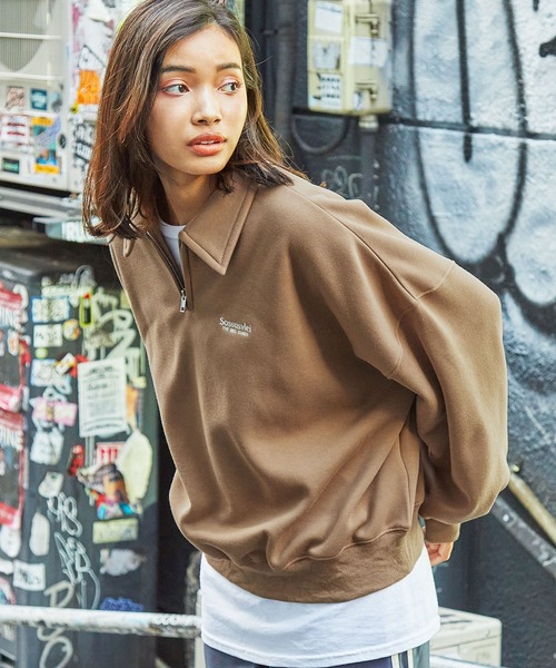 セール】ワンポイントロゴ リラックスシルエット 裏起毛ハーフジップ