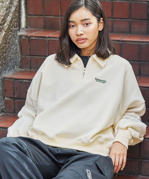 セール】ワンポイントロゴ リラックスシルエット 裏起毛ハーフジップ