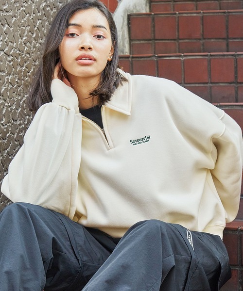 セール】ワンポイントロゴ リラックスシルエット 裏起毛ハーフジップ