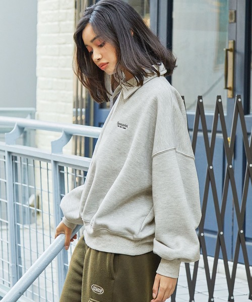 セール】ワンポイントロゴ リラックスシルエット 裏起毛ハーフジップ