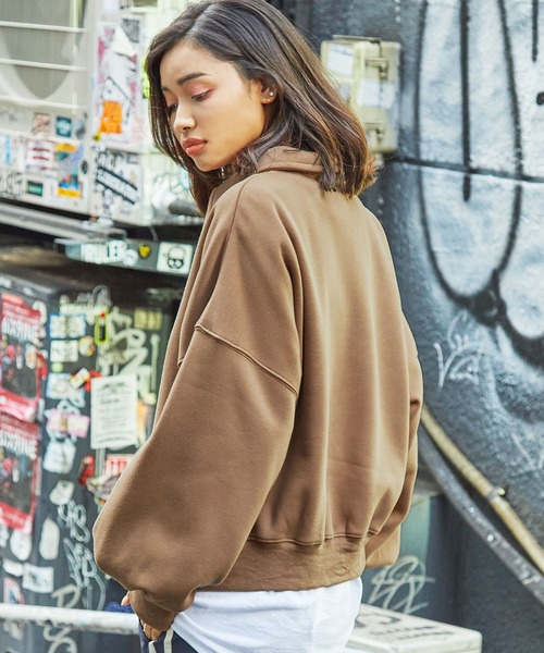 セール】ワンポイントロゴ リラックスシルエット 裏起毛ハーフジップ