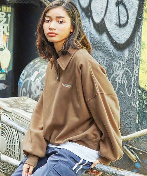 セール】ワンポイントロゴ リラックスシルエット 裏起毛ハーフジップ