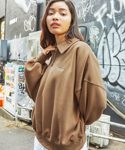 セール】ワンポイントロゴ リラックスシルエット 裏起毛ハーフジップ