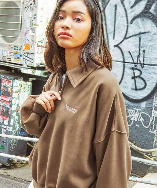 セール】ワンポイントロゴ リラックスシルエット 裏起毛ハーフジップ