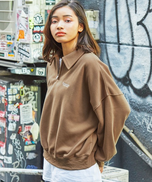 セール】ワンポイントロゴ リラックスシルエット 裏起毛ハーフジップ