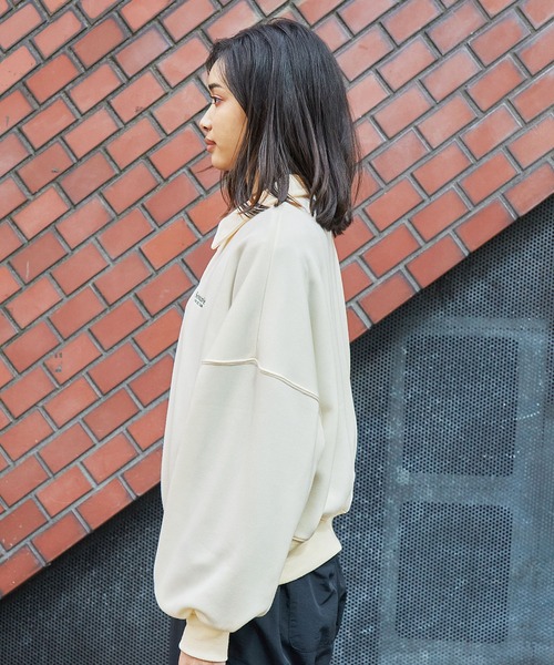 セール】ワンポイントロゴ リラックスシルエット 裏起毛ハーフジップ