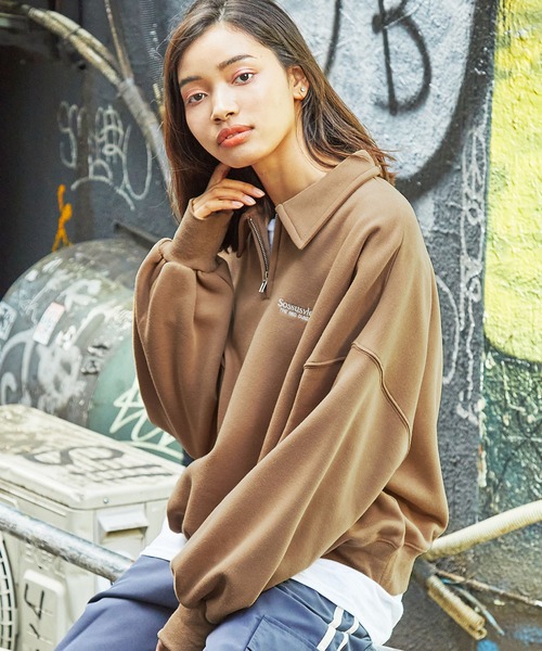 セール】ワンポイントロゴ リラックスシルエット 裏起毛ハーフジップ