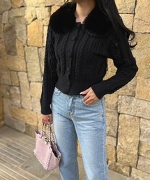 MODE ROBE（モードローブ）の「ファーカラーケーブルニットカーディガン（カーディガン/ボレロ）」