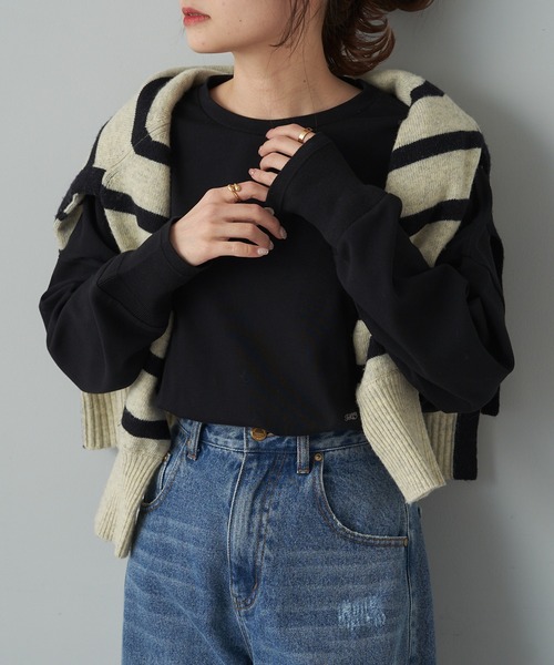 PUAL CE CIN（ピュアルセシン）の「ワンポイントモノグラム刺繍スムース起毛プルオーバー（Tシャツ/カットソー・レディース・ブラック/ブラック系その他/オフホワイト・FREE）」の10枚目の写真