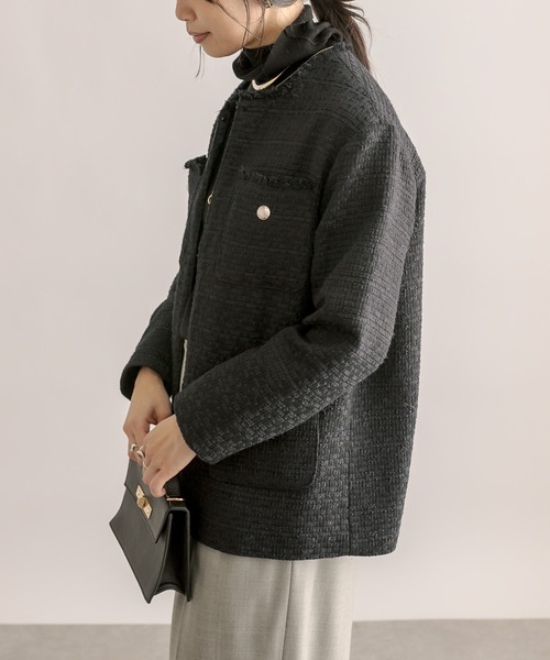 リヴドロワ 黒ツイードフリンジ ノーカラージャケット クリーニング済