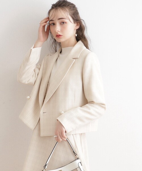 新品☆L☆Couture Brooch フード付きジャケット(グレージュ) セレモニーシーン/ON・OFF使える】杢ツイードノーカラー