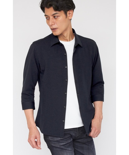 TORNADO MART（トルネードマート）の「TORNADO MART∴ハイゲージサッカーストライプ7分シャツ（シャツ/ブラウス・メンズ・ホワイト/ネイビー・L/M/LL）」の2枚目の写真