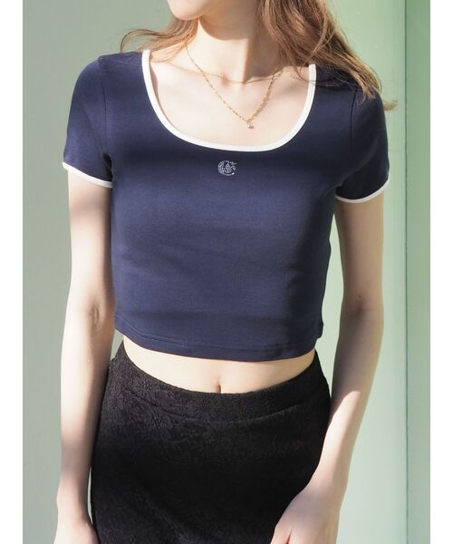 EVRIS（エヴリス）の「ラインストーンリンガーショートTシャツ（Tシャツ/カットソー・レディース・ピンク/ネイビー/ホワイト/ブラック・FREE）」の4枚目の写真