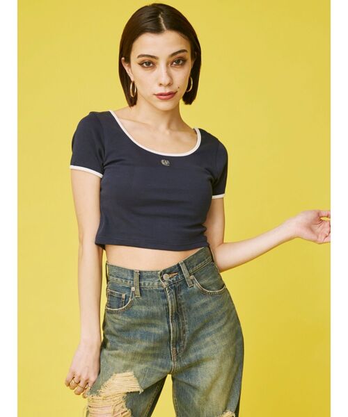 EVRIS（エヴリス）の「ラインストーンリンガーショートTシャツ（Tシャツ/カットソー・レディース・ピンク/ネイビー/ホワイト/ブラック・FREE）」の5枚目の写真