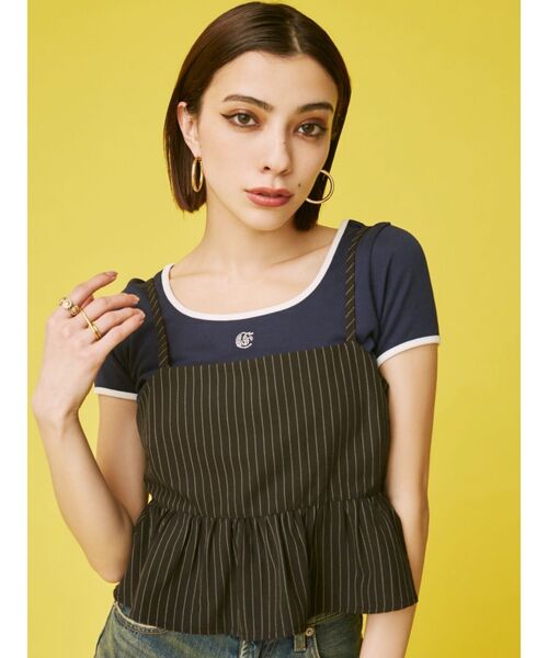 EVRIS（エヴリス）の「ラインストーンリンガーショートTシャツ（Tシャツ/カットソー・レディース・ピンク/ネイビー/ホワイト/ブラック・FREE）」の6枚目の写真