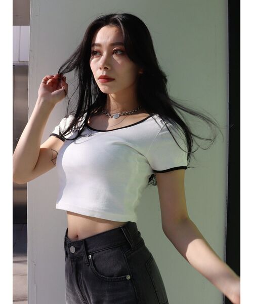 EVRIS（エヴリス）の「ラインストーンリンガーショートTシャツ（Tシャツ/カットソー・レディース・ピンク/ネイビー/ホワイト/ブラック・FREE）」の17枚目の写真