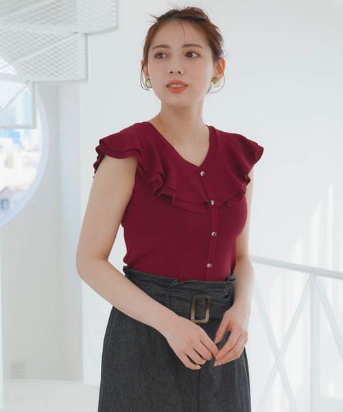 ASTORIA ODIER(アストリアオディール)の「ラッフルクリアボタンニット(ニット/セーター・レディース・ホワイト/ブラック/ピンクベージュ/ワイン・MEDIUM)」の12枚目の写真
