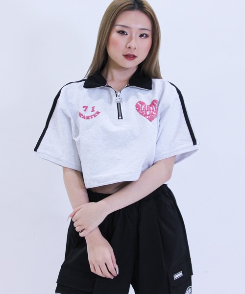 STARTER(スターター)の「STARTER ハートロゴショート丈ハーフジップTシャツ / レディース チビT(Tシャツ/カットソー・レディース・ブラック/ホワイト系/ブルー・L/M)」の10枚目の写真