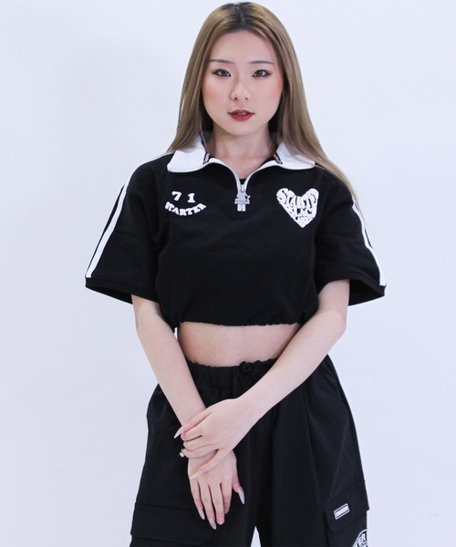 STARTER(スターター)の「STARTER ハートロゴショート丈ハーフジップTシャツ / レディース チビT(Tシャツ/カットソー・レディース・ブラック/ホワイト系/ブルー・L/M)」の13枚目の写真