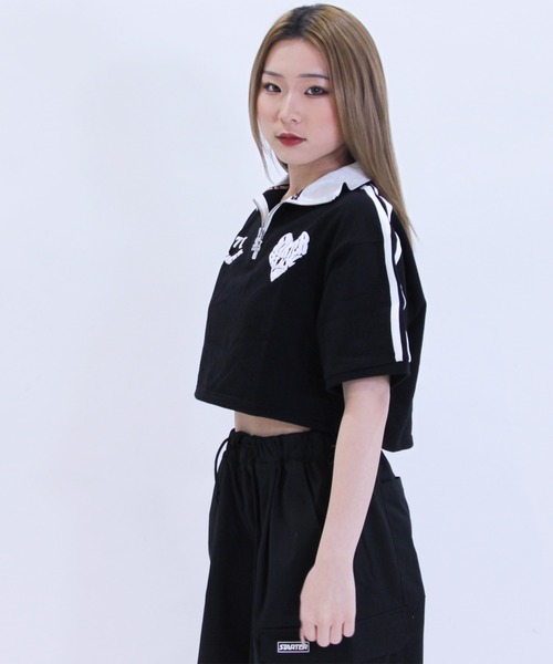 STARTER(スターター)の「STARTER ハートロゴショート丈ハーフジップTシャツ / レディース チビT(Tシャツ/カットソー・レディース・ブラック/ホワイト系/ブルー・L/M)」の15枚目の写真