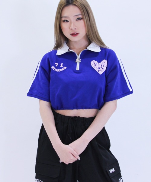STARTER(スターター)の「STARTER ハートロゴショート丈ハーフジップTシャツ / レディース チビT(Tシャツ/カットソー・レディース・ブラック/ホワイト系/ブルー・L/M)」の16枚目の写真