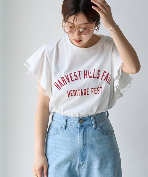 coen（コーエン）の「【WEB限定】チュールレイヤーフリルスリーブTシャツ（Tシャツ/カットソー・レディース・ダークグレー/ベージュ/オフホワイト・M/L）」の2枚目の写真