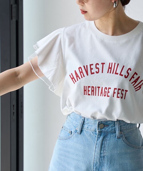 coen（コーエン）の「【WEB限定】チュールレイヤーフリルスリーブTシャツ（Tシャツ/カットソー・レディース・ダークグレー/ベージュ/オフホワイト・M/L）」の4枚目の写真