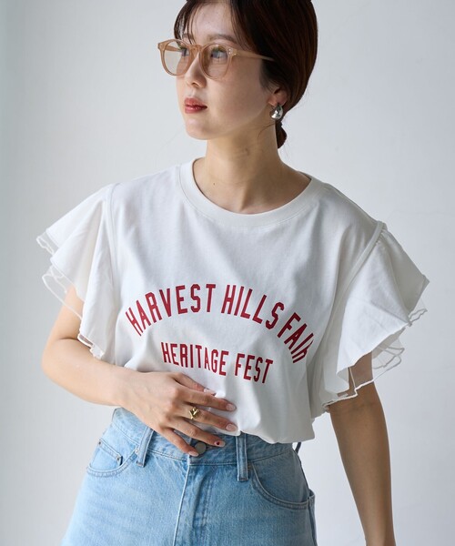 coen（コーエン）の「【WEB限定】チュールレイヤーフリルスリーブTシャツ（Tシャツ/カットソー・レディース・ダークグレー/ベージュ/オフホワイト・M/L）」の5枚目の写真