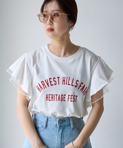 coen（コーエン）の「【WEB限定】チュールレイヤーフリルスリーブTシャツ（Tシャツ/カットソー・レディース・ダークグレー/ベージュ/オフホワイト・M/L）」の7枚目の写真