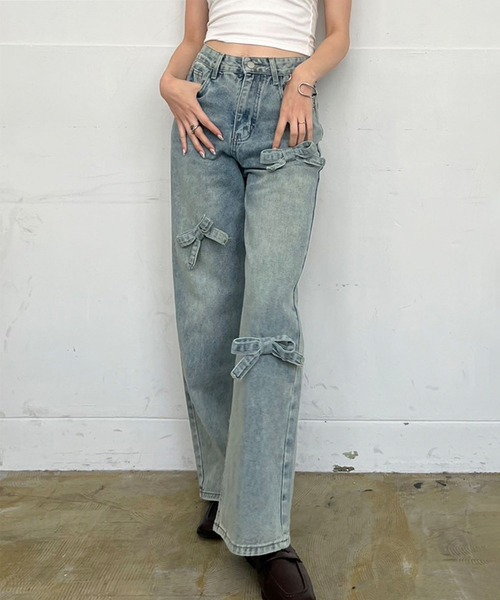 Jewelobe（ジュエローブ）の「3リボンワイドデニムパンツ（デニムパンツ・レディース・ブルー/サックスブルー/ブラック・S/M）」の4枚目の写真
