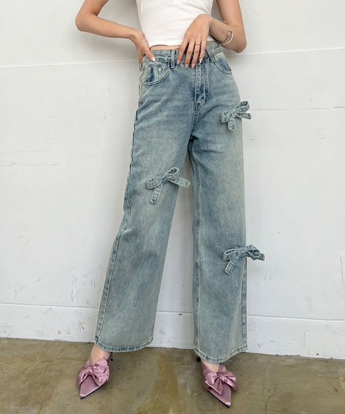 Jewelobe（ジュエローブ）の「3リボンワイドデニムパンツ（デニムパンツ・レディース・ブルー/サックスブルー/ブラック・S/M）」の5枚目の写真